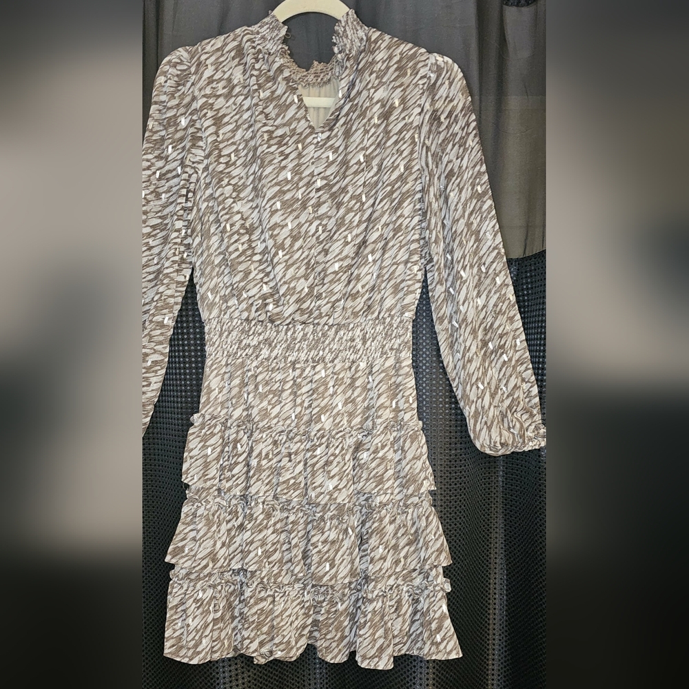 MSK WOMEN'S GRAY WHITE ABSTRACT PRINT MIDI RUFFLED DRESS POLYESTER SMALL NWOT